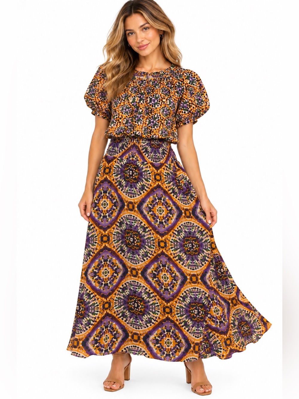 NWT Jennifer & Grace Set Boho Maxi Skirt & Crop Top Womens Small Mustard Purple